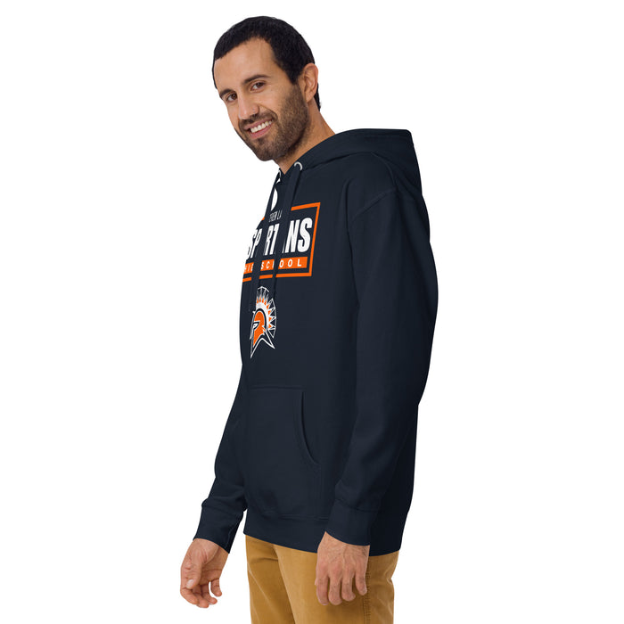Man wearing Seven Lakes High School Spartans Navy Blue Premium Unisex Hoodie 049