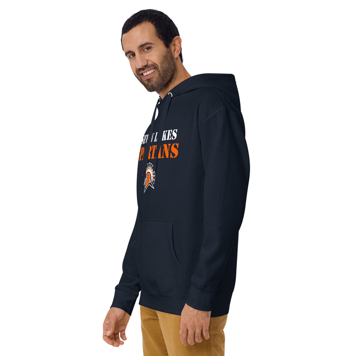 Man wearing Seven Lakes High School Spartans Navy Blue Premium Unisex Hoodie 017