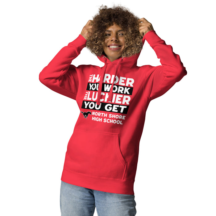 Woman wearing North Shore High School Mustangs Red Premium Unisex Hoodie 238