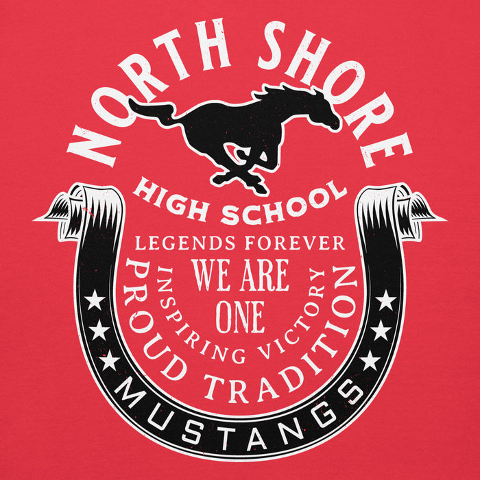 Close-up view of North Shore High School Mustangs Red Premium Unisex Hoodie 229