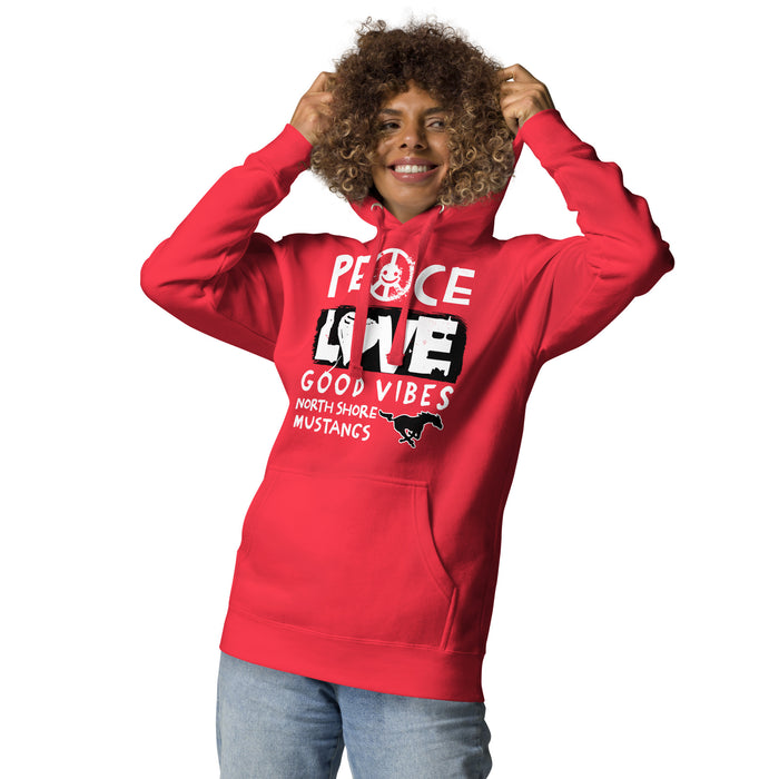 Woman wearing North Shore High School Mustangs Red Premium Unisex Hoodie 240