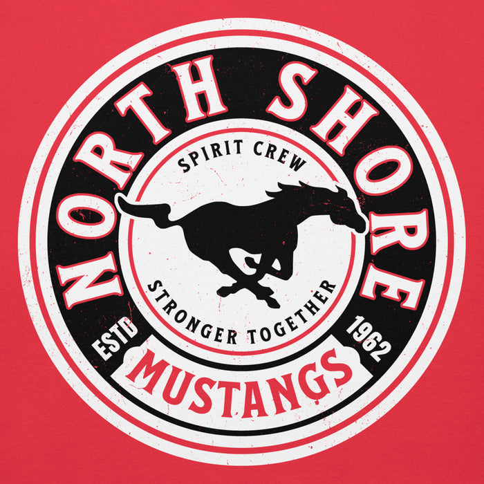 Close-up view of North Shore High School Mustangs Red Premium Unisex Hoodie 220