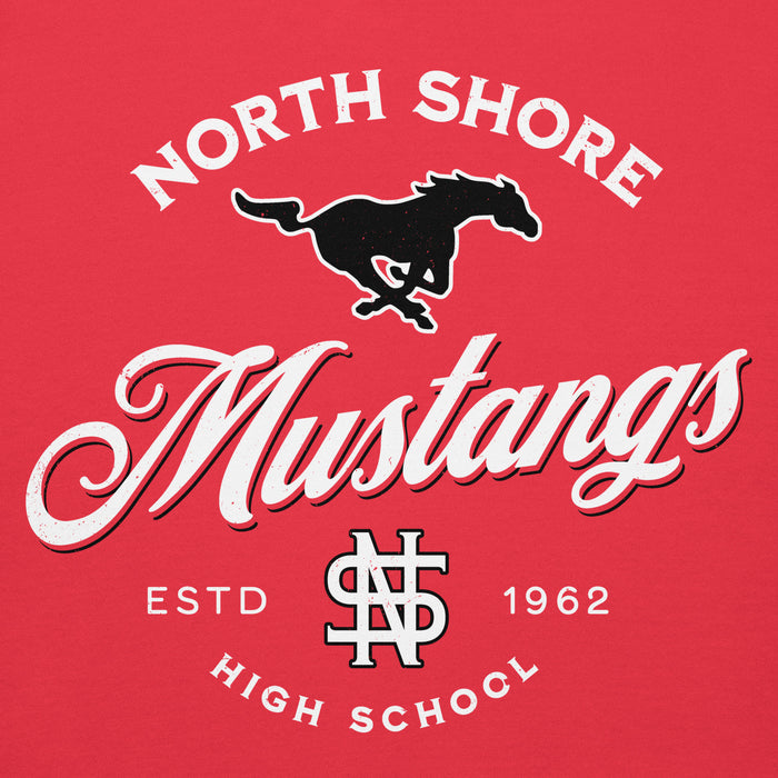 Close-up view of North Shore High School Mustangs Red Premium Unisex Hoodie 226