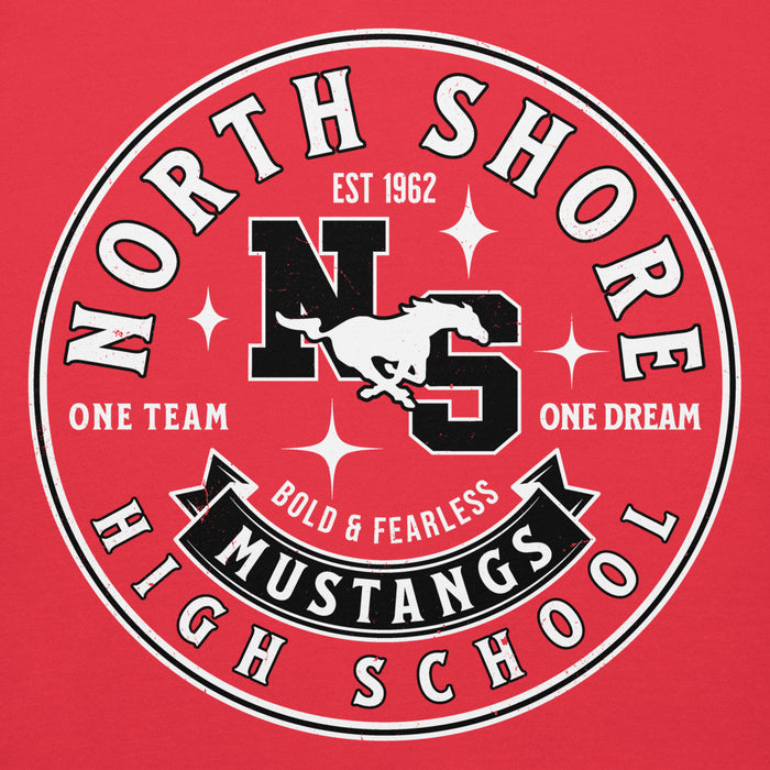 Close-up view of North Shore High School Mustangs Red Premium Unisex Hoodie 215