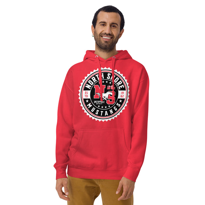 Man wearing North Shore High School Mustangs Red Premium Unisex Hoodie 203