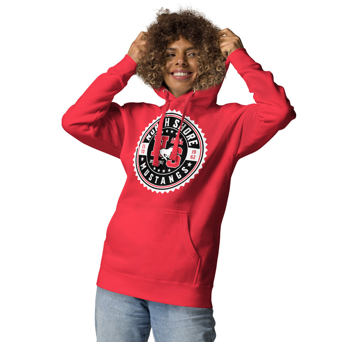 Woman wearing North Shore High School Mustangs Red Premium Unisex Hoodie 203