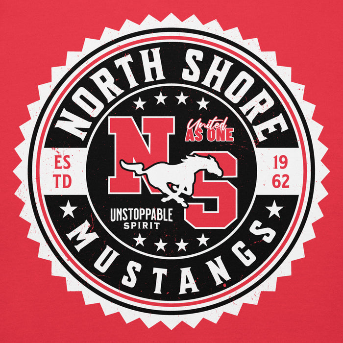 Close-up view of North Shore High School Mustangs Red Premium Unisex Hoodie 203