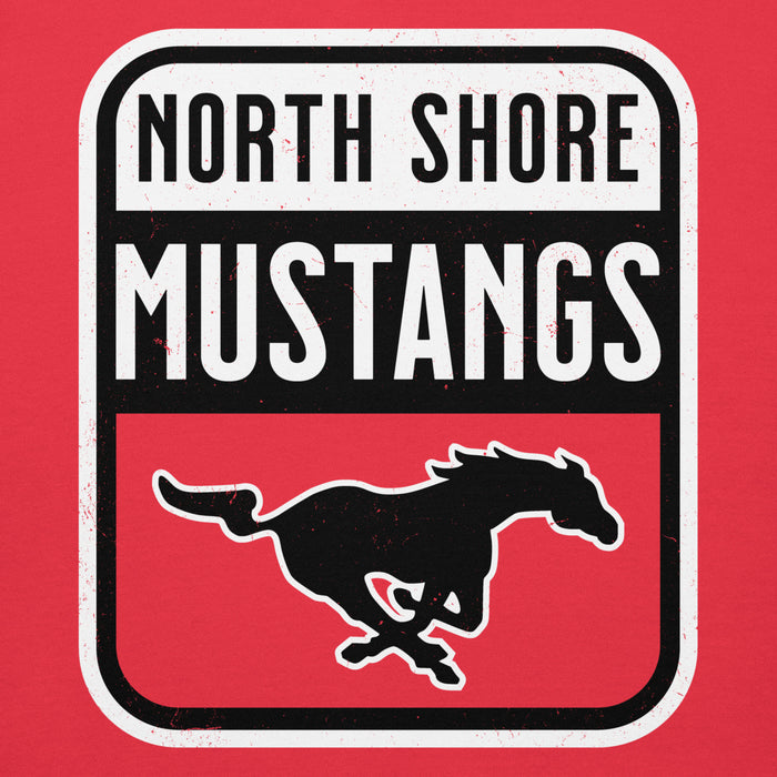 Close-up view of North Shore High School Mustangs Red Premium Unisex Hoodie 001