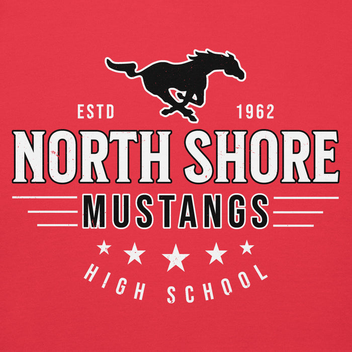 Close-up view of North Shore High School Mustangs Red Premium Unisex Hoodie 217