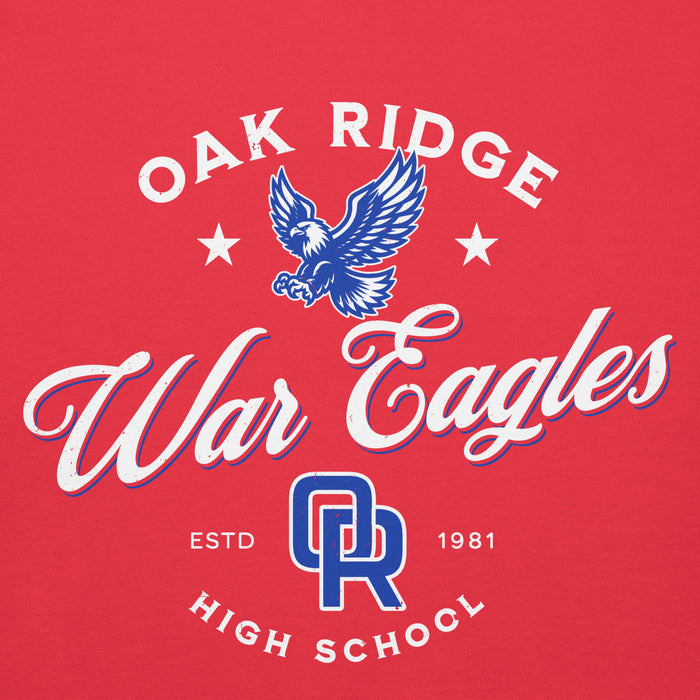 Close-up view of Oak Ridge High School War Eagles Red Premium Unisex Hoodie 226