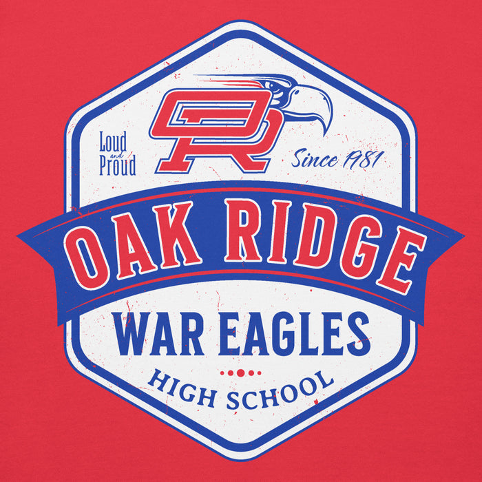Close-up view of Oak Ridge High School War Eagles Red Premium Unisex Hoodie 209