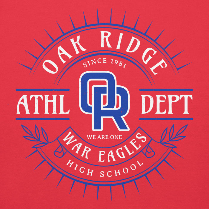 Close-up view of Oak Ridge High School War Eagles Red Premium Unisex Hoodie 201