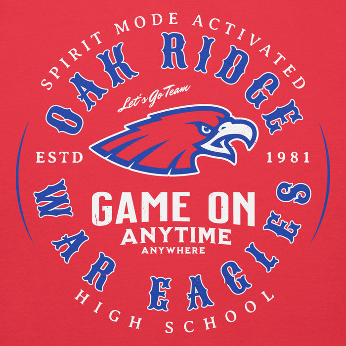 Close-up view of Oak Ridge High School War Eagles Red Premium Unisex Hoodie 214