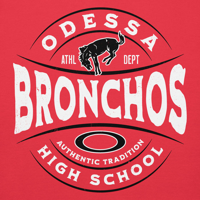 Close-up view of Odessa High School Bronchos Red Premium Unisex Hoodie 218