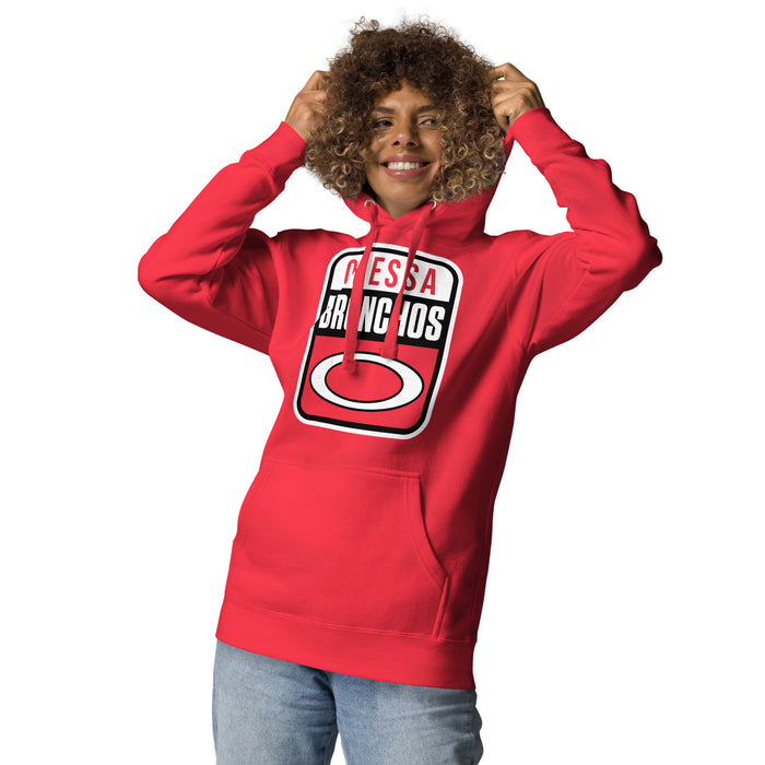 Woman wearing Odessa High School Bronchos Red Premium Unisex Hoodie 001