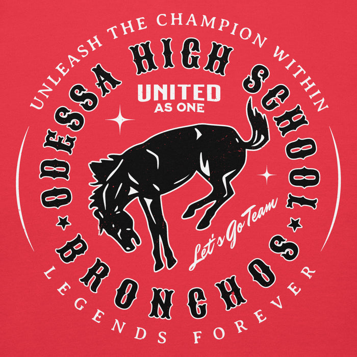Close-up view of Odessa High School Bronchos Red Premium Unisex Hoodie 214