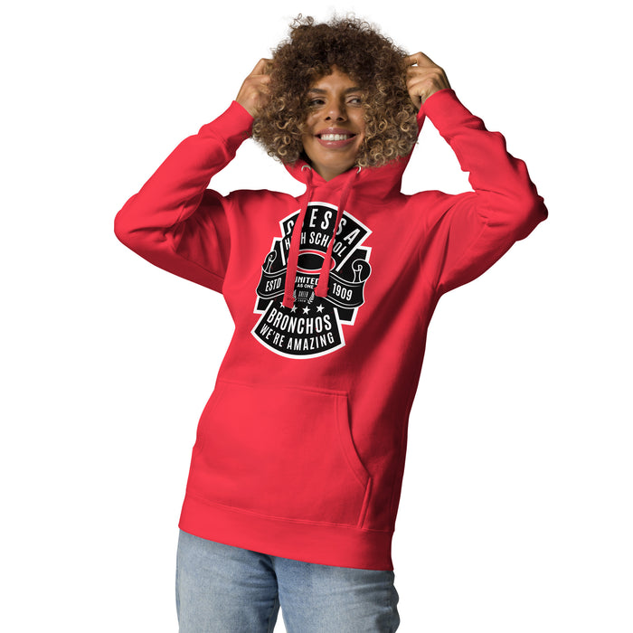 Woman wearing Odessa High School Bronchos Red Premium Unisex Hoodie 207