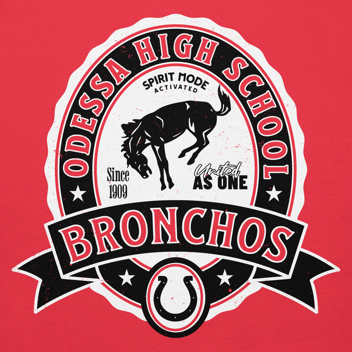 Close-up view of Odessa High School Bronchos Red Premium Unisex Hoodie 212
