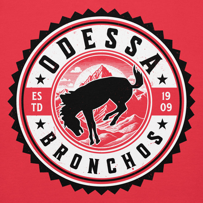 Close-up view of Odessa High School Bronchos Red Premium Unisex Hoodie 203