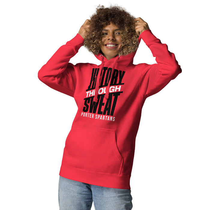 Woman wearing Porter High School Spartans Red Premium Unisex Hoodie 241