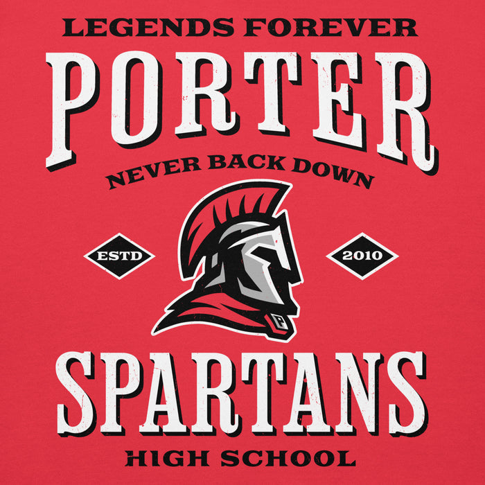 Red premium hoodie with 'Porter Spartans' design featuring a Spartan helmet and text on a red background - design 230