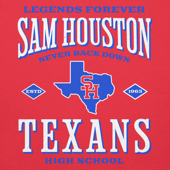 Close-up view of Sam Houston High School Texans Red Premium Unisex Hoodie 230