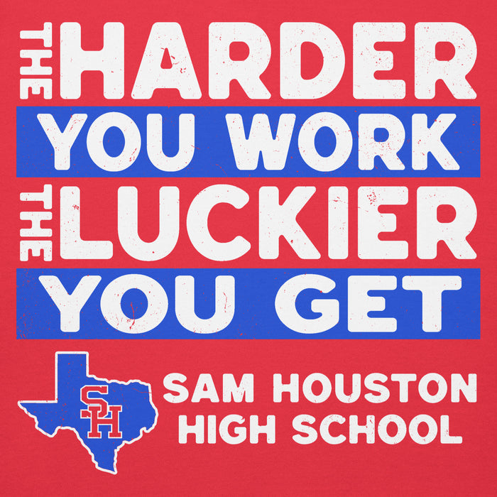 Close-up view of Sam Houston High School Texans Red Premium Unisex Hoodie 238