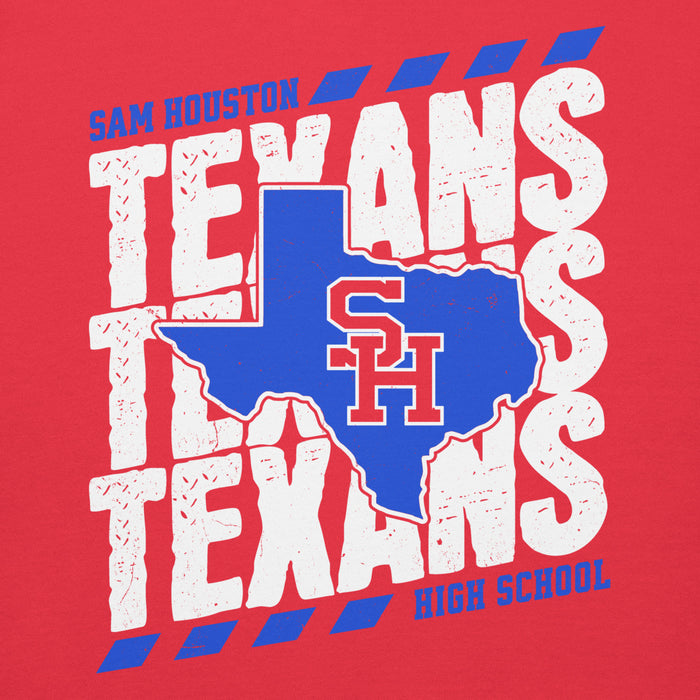Close-up view of Sam Houston High School Texans Red Premium Unisex Hoodie 223