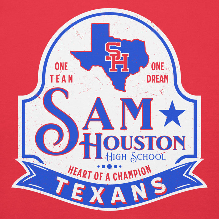 Back view of Sam Houston High School Texans Red Premium Unisex Hoodie 219