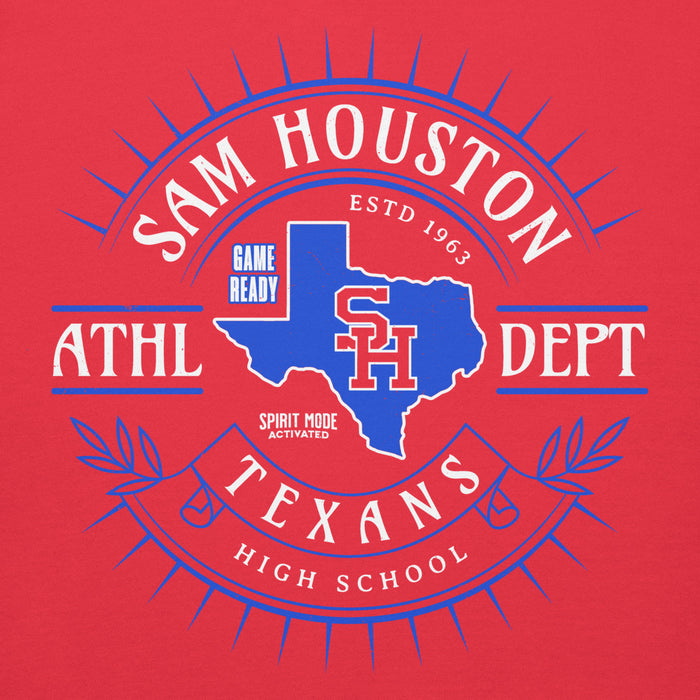 A red graphic print featuring a blue and white circular design with the text 'SAM HOUSTON ATHL DEPT TEXANS HIGH SCHOOL' and a blue Texas outline containing 'SH' and 'Game Ready'. Sam Houston High School Texans Red Premium Unisex Hoodie 201
