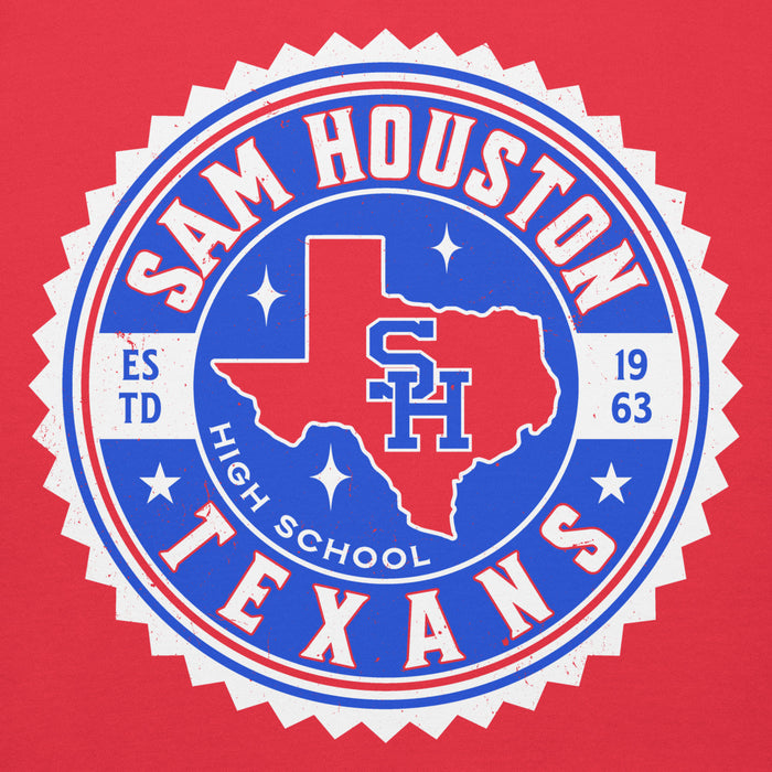 A circular red, white, and blue 'Sam Houston Texans' graphic on a solid red background, featuring the Texas state outline with 'SH' initials, stars, and the text 'High School'. Sam Houston High School Texans Red Premium Unisex Hoodie 203