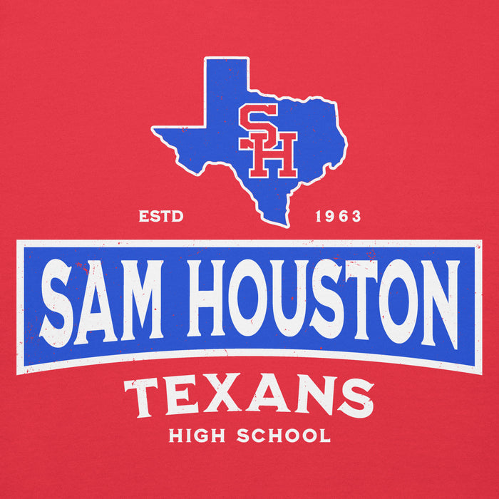 Close-up view of Sam Houston High School Texans Red Premium Unisex Hoodie 202