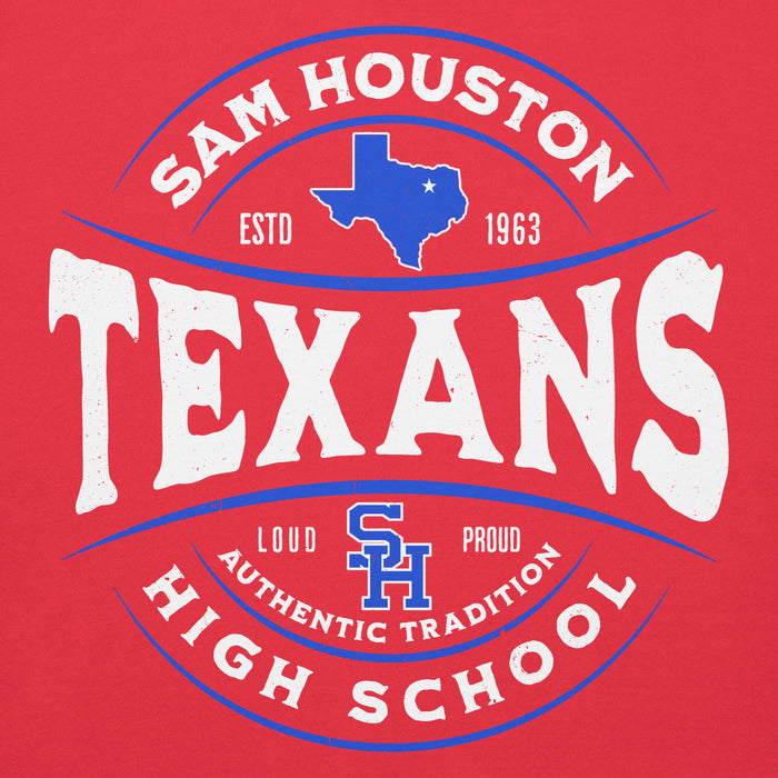 Close-up view of Sam Houston High School Texans Red Premium Unisex Hoodie 218
