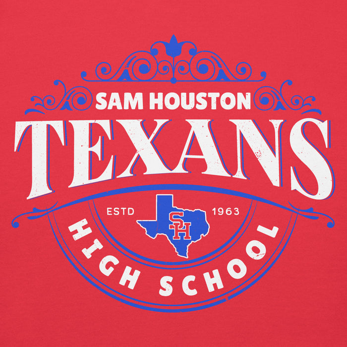 Close-up view of Sam Houston High School Texans Red Premium Unisex Hoodie 211