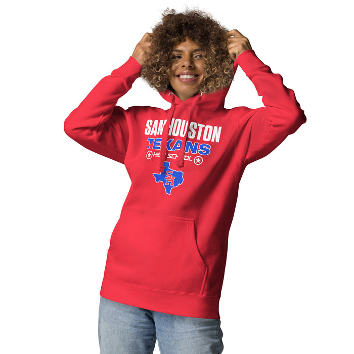 Woman wearing Sam Houston High School Texans Red Premium Unisex Hoodie 003