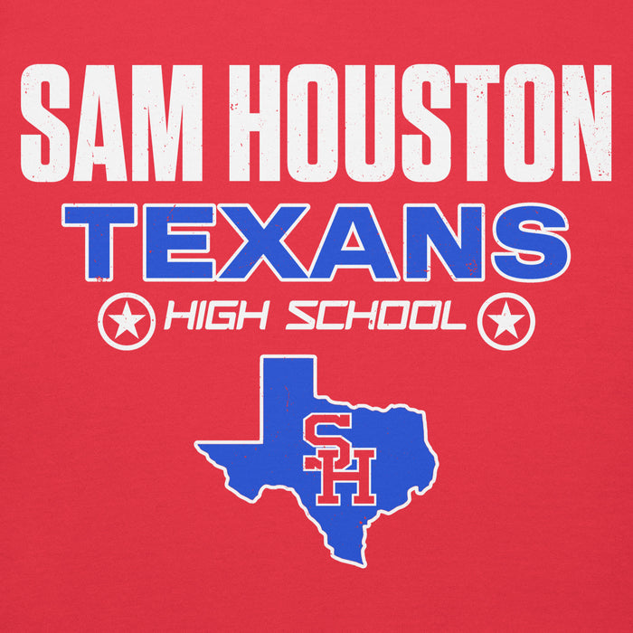 Close-up view of Sam Houston High School Texans Red Premium Unisex Hoodie 003