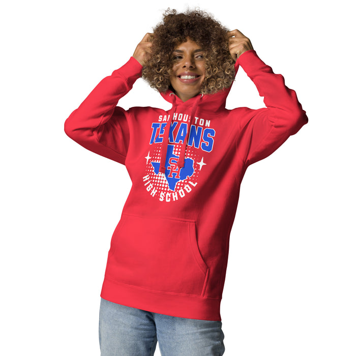 Woman wearing Sam Houston High School Texans Red Premium Unisex Hoodie 204