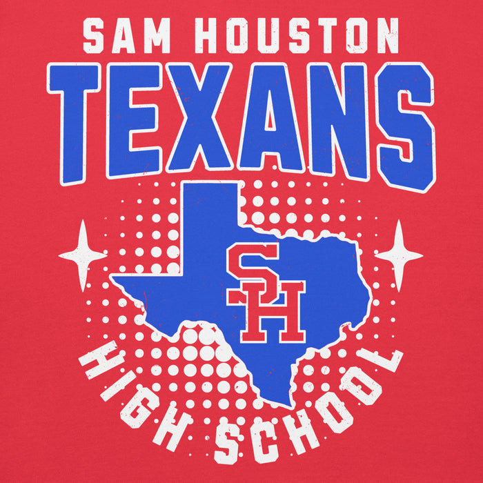 Close-up view of Sam Houston High School Texans Red Premium Unisex Hoodie 204