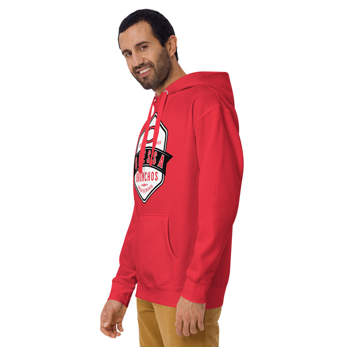 Man wearing Odessa High School Bronchos Red Premium Unisex Hoodie 209