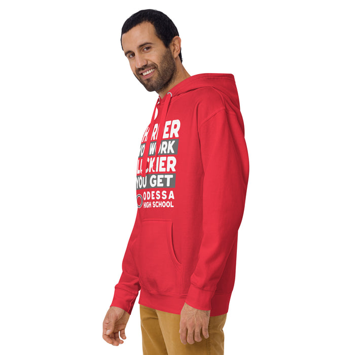 Man wearing Odessa High School Bronchos Red Premium Unisex Hoodie 238