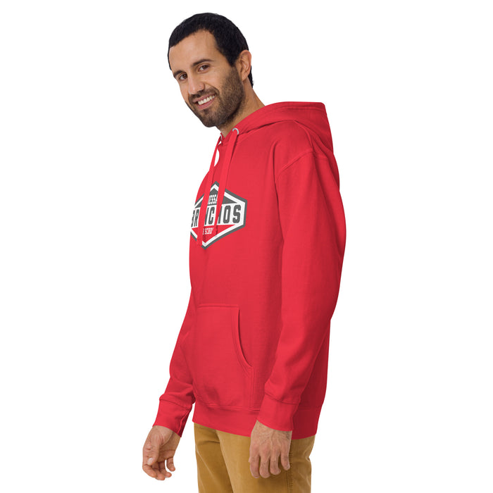 Man wearing Odessa High School Bronchos Red Premium Unisex Hoodie 009