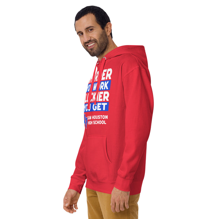 Man wearing Sam Houston High School Texans Red Premium Unisex Hoodie 238