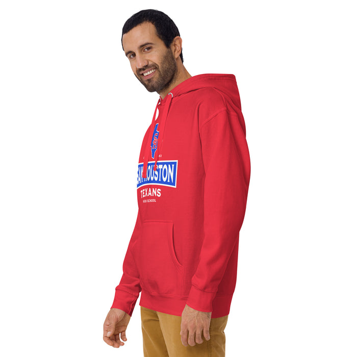 Man wearing Sam Houston High School Texans Red Premium Unisex Hoodie 202