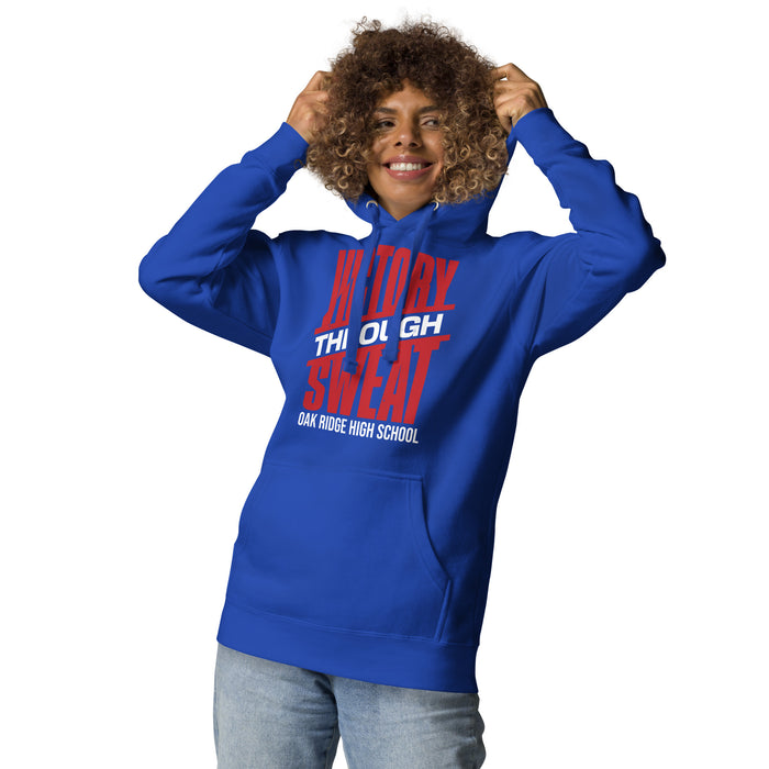 Woman wearing Oak Ridge High School War Eagles Royal Blue Premium Unisex Hoodie 241