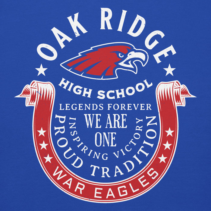 Close-up view of Oak Ridge High School War Eagles Royal Blue Premium Unisex Hoodie 229