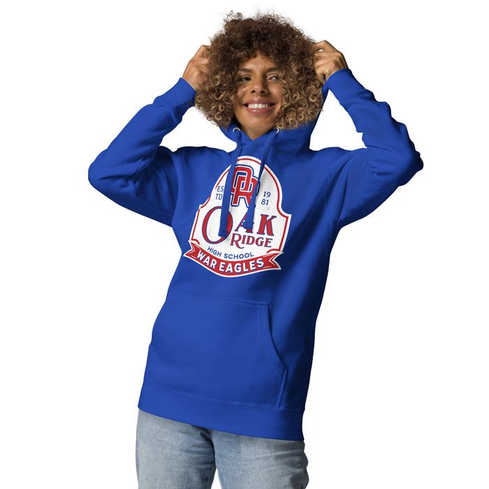 Woman wearing Oak Ridge High School War Eagles Royal Blue Premium Unisex Hoodie 219