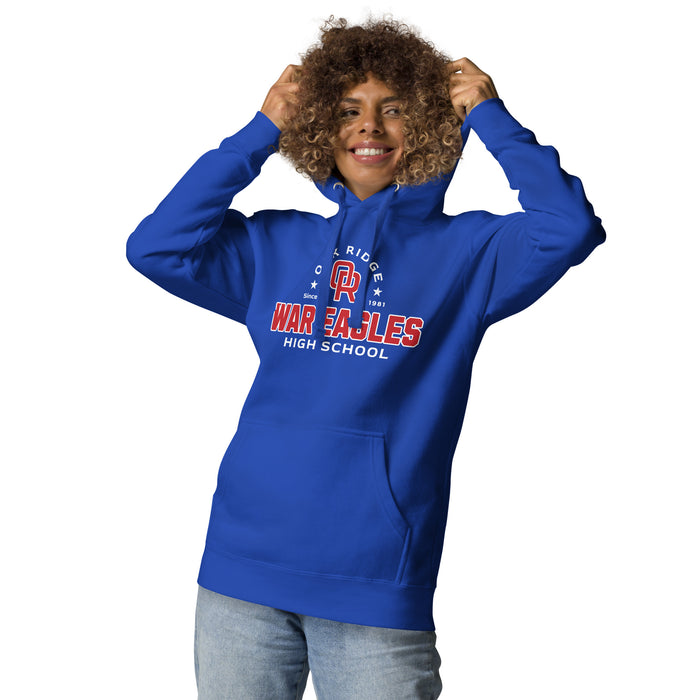 Woman wearing Oak Ridge High School War Eagles Royal Blue Premium Unisex Hoodie 222