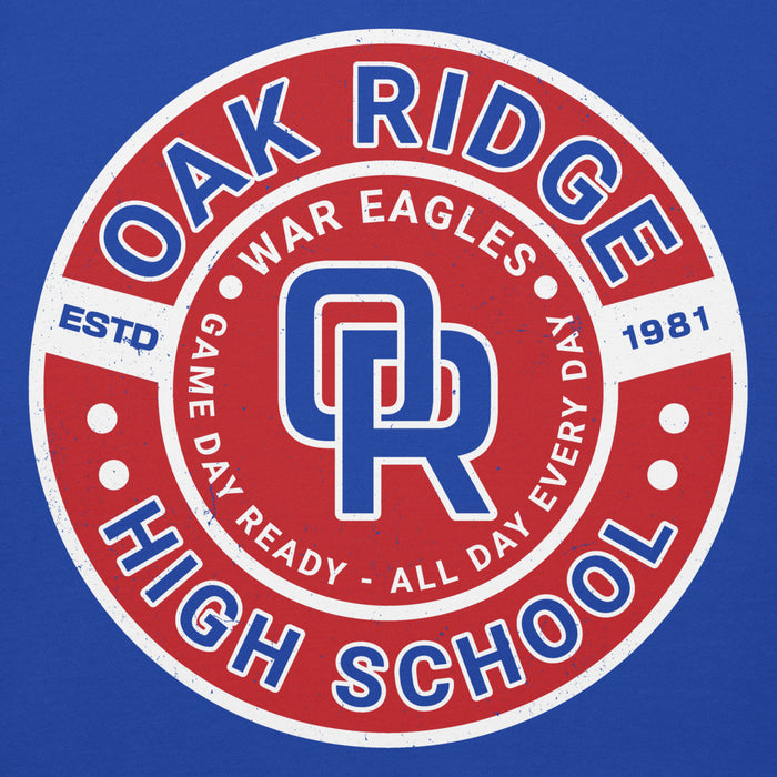 Close-up view of Oak Ridge High School War Eagles Royal Blue Premium Unisex Hoodie 239
