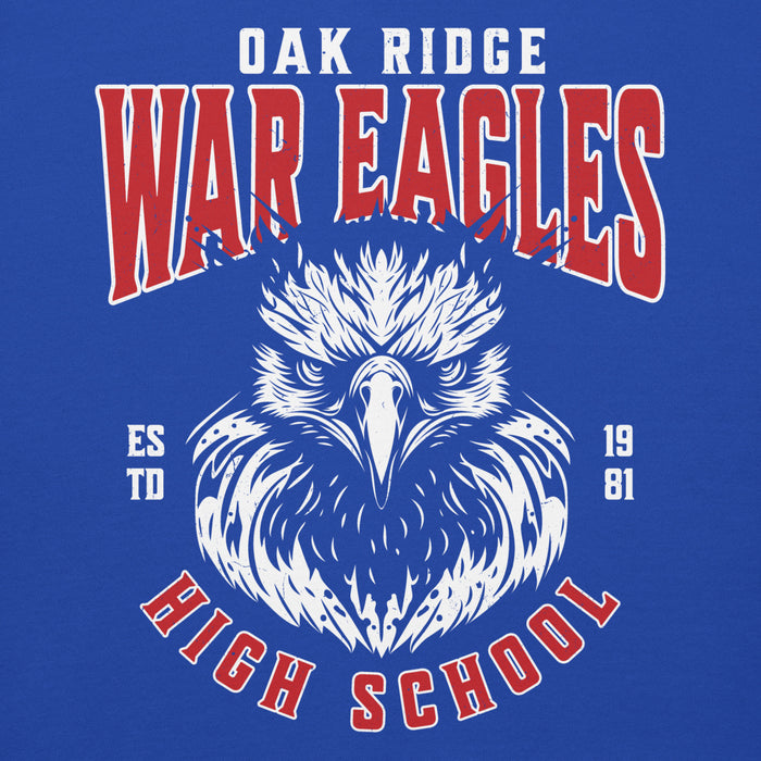 Close-up view of Oak Ridge High School War Eagles Royal Blue Premium Unisex Hoodie 213