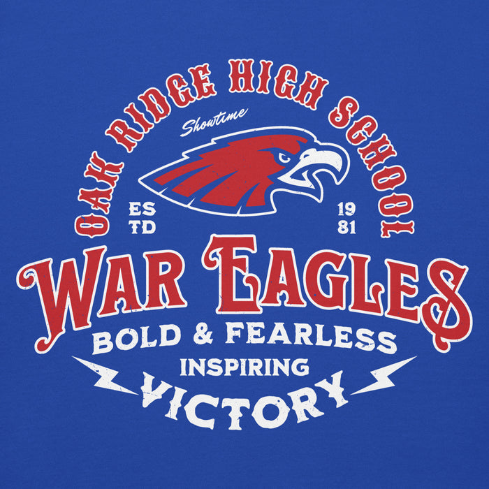 Close-up view of Oak Ridge High School War Eagles Royal Blue Premium Unisex Hoodie 206